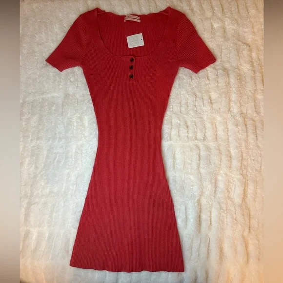 NWT Urban Outfitters Lily Button Down Bodycon Mini Ribbed Dress in Coral Size XS - Picture 5 of 9